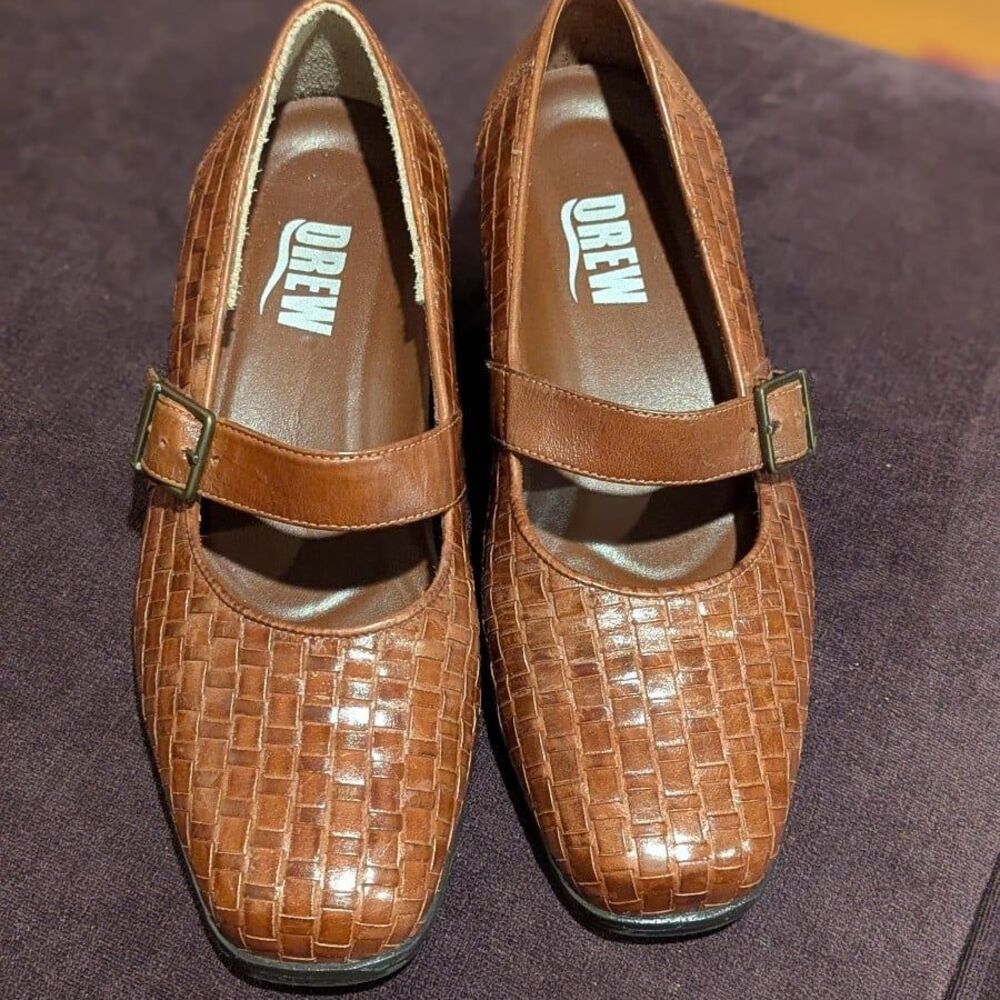 Drew Women's 6.5 WW Cognac Brown Leather Woven Mary Jane Shoes with Block Heel - Picture 4 of 8